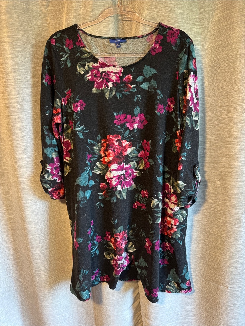 Apt. 9 Black Floral Long Sleeve Scoop-Neck Tunic Dress